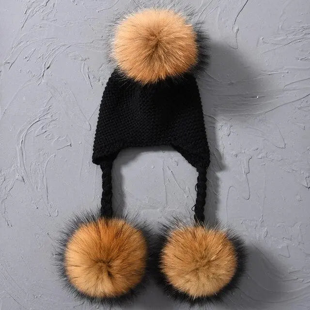 Children's Knitted Hat with Three Raccoon Fur Pompoms | Cozy Winter Style