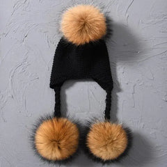 Children's Knitted Hat with Three Raccoon Fur Pompoms | Cozy Winter Style