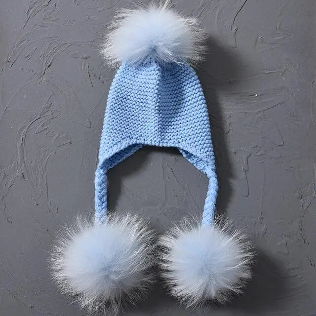 Children's Knitted Hat with Three Raccoon Fur Pompoms | Cozy Winter Style