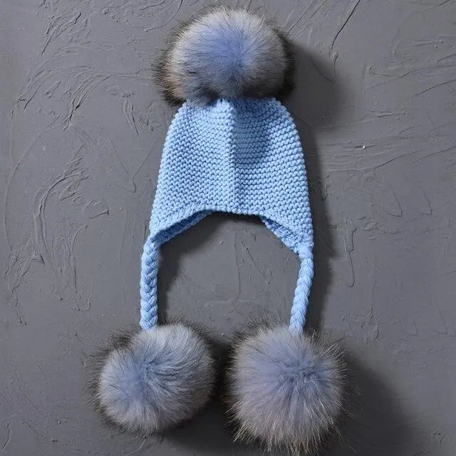 Children's Knitted Hat with Three Raccoon Fur Pompoms | Cozy Winter Style