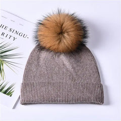 Women's wool hat with a pom-pom made of natural angora rabbit fur - Family Shopolf