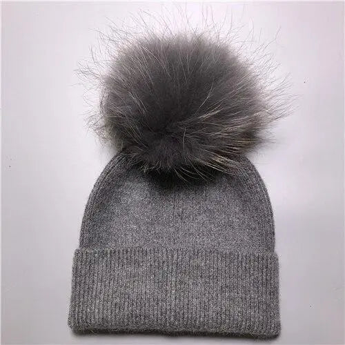 Women's wool hat with a pom-pom made of natural angora rabbit fur - Family Shopolf