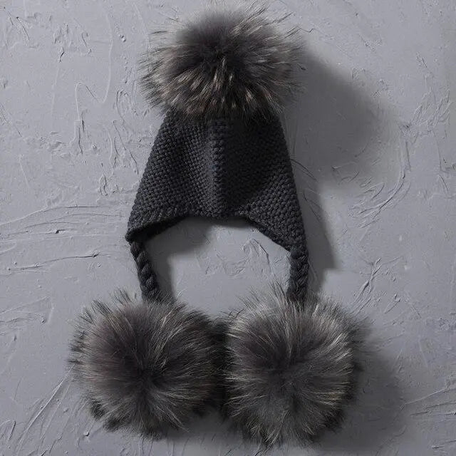 Children's Knitted Hat with Three Raccoon Fur Pompoms | Cozy Winter Style