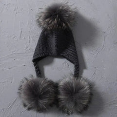 Children's Knitted Hat with Three Raccoon Fur Pompoms | Cozy Winter Style