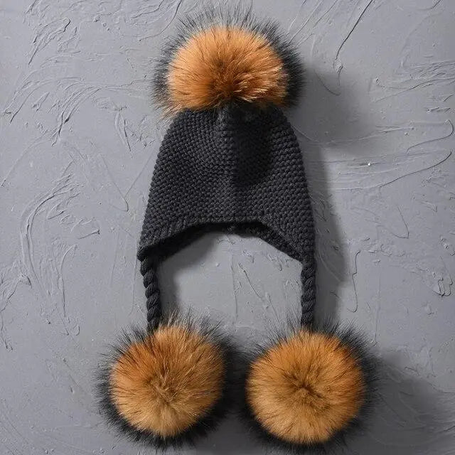 Children's Knitted Hat with Three Raccoon Fur Pompoms | Cozy Winter Style