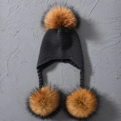 Children's Knitted Hat with Three Raccoon Fur Pompoms | Cozy Winter Style