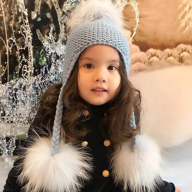 Children's Knitted Hat with Three Raccoon Fur Pompoms | Cozy Winter Style