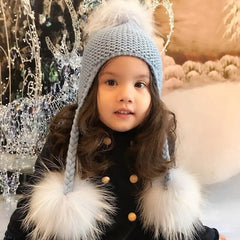 Children's Knitted Hat with Three Raccoon Fur Pompoms | Cozy Winter Style