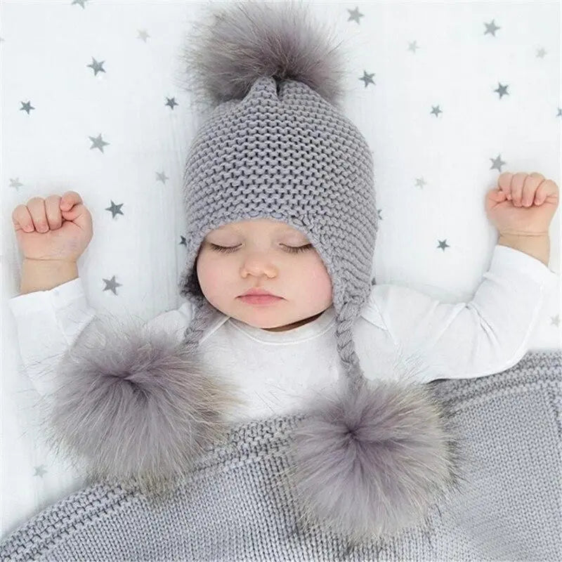 Children's Knitted Hat with Three Raccoon Fur Pompoms | Cozy Winter Style