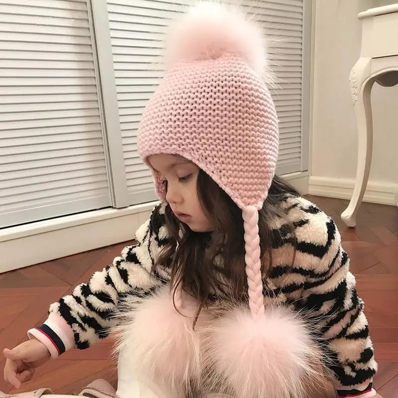 Children's Knitted Hat with Three Raccoon Fur Pompoms | Cozy Winter Style
