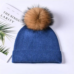 Women's wool hat with a pom-pom made of natural angora rabbit fur - Family Shopolf