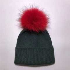 Women's wool hat with a pom-pom made of natural angora rabbit fur - Family Shopolf