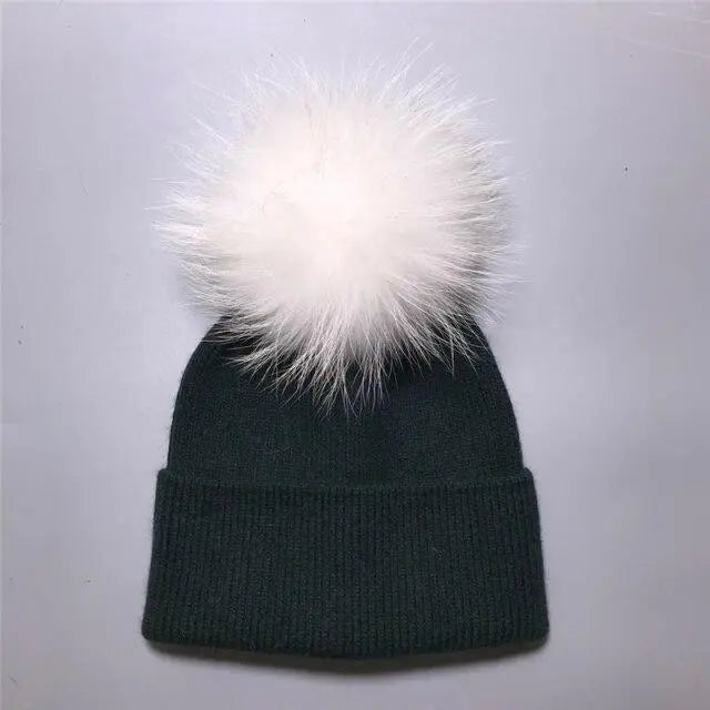 Women's wool hat with a pom-pom made of natural angora rabbit fur - Family Shopolf