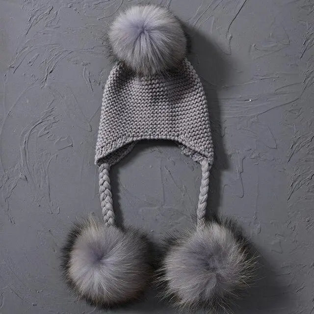 Children's Knitted Hat with Three Raccoon Fur Pompoms | Cozy Winter Style