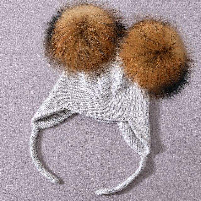 Children's wool knitted hat with two pompoms - Family Shopolf