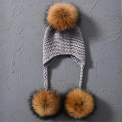 Children's Knitted Hat with Three Raccoon Fur Pompoms | Cozy Winter Style