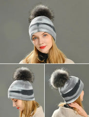 Multicolor Cashmere Wool Blend Knitted Winter Hat with Fur
