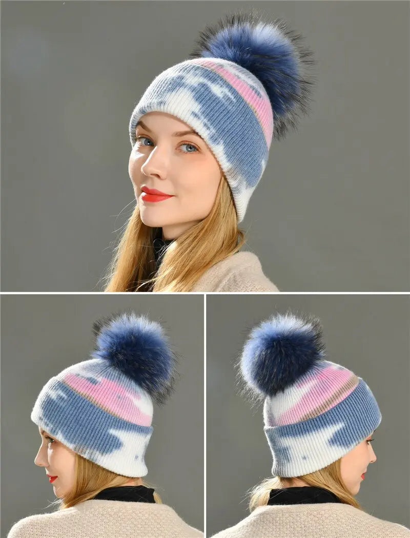 Multicolor Cashmere Wool Blend Knitted Winter Hat with Fur