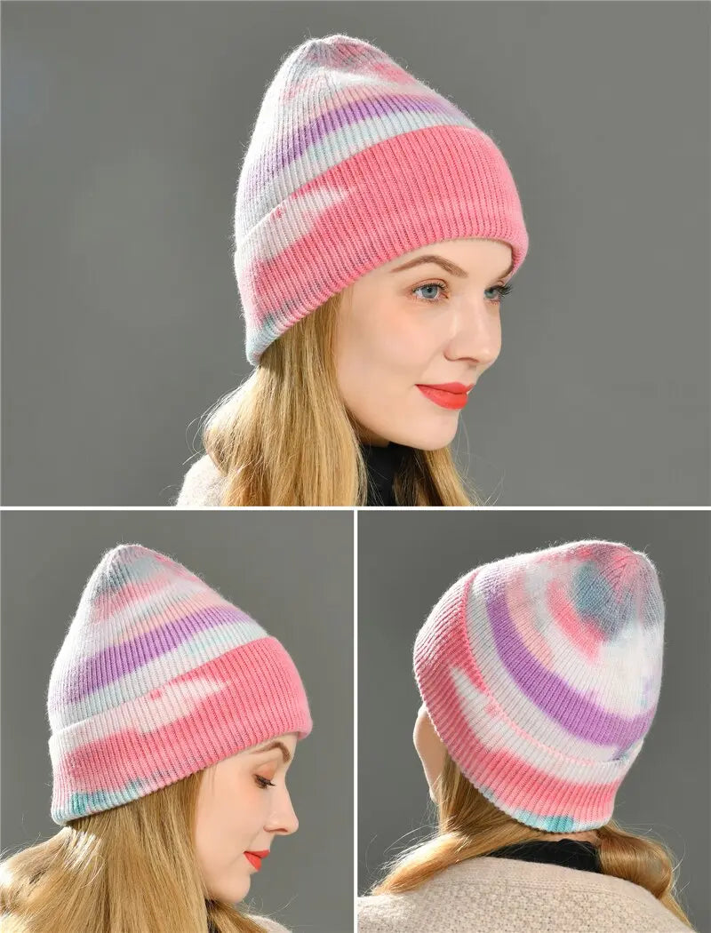 Multicolor Cashmere Wool Blend Knitted Winter Hat with Fur