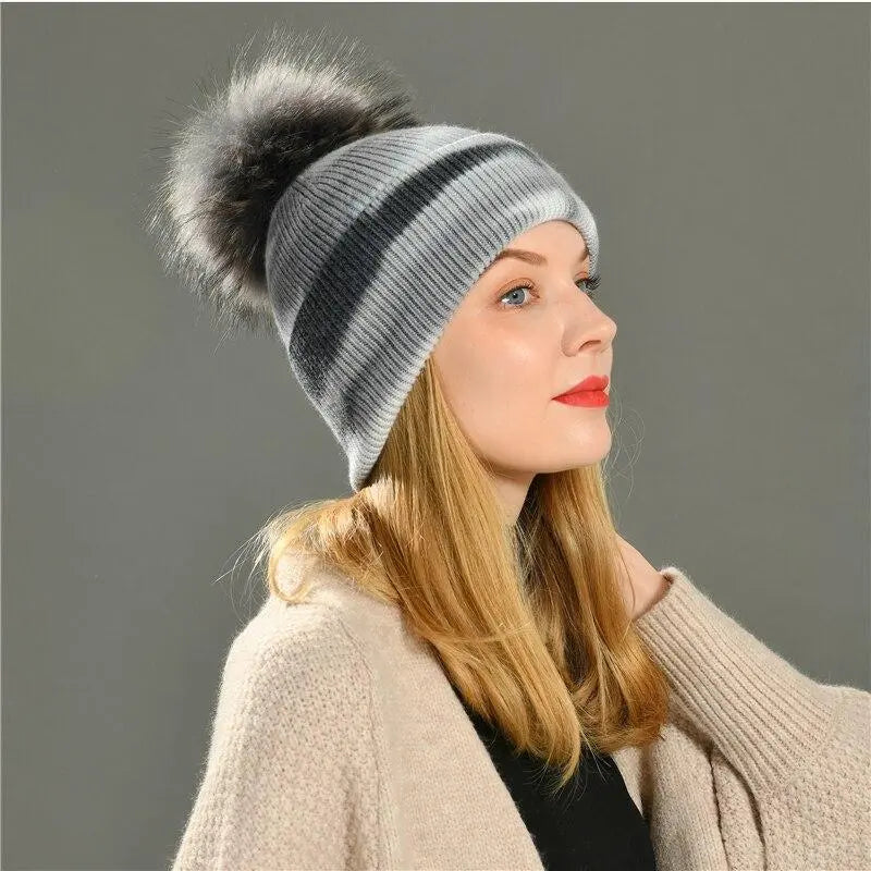 Multicolor Cashmere Wool Blend Knitted Winter Hat with Fur