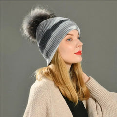 Multicolor Cashmere Wool Blend Knitted Winter Hat with Fur