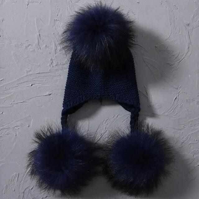 Children's Knitted Hat with Three Raccoon Fur Pompoms | Cozy Winter Style