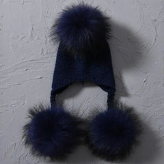Children's Knitted Hat with Three Raccoon Fur Pompoms | Cozy Winter Style