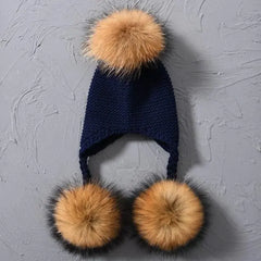 Children's Knitted Hat with Three Raccoon Fur Pompoms | Cozy Winter Style