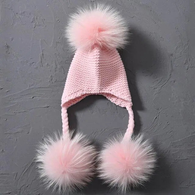Children's Knitted Hat with Three Raccoon Fur Pompoms | Cozy Winter Style