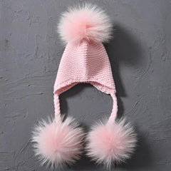 Children's Knitted Hat with Three Raccoon Fur Pompoms | Cozy Winter Style