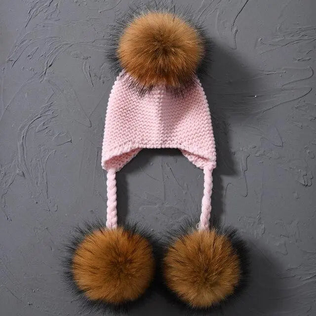 Children's Knitted Hat with Three Raccoon Fur Pompoms | Cozy Winter Style
