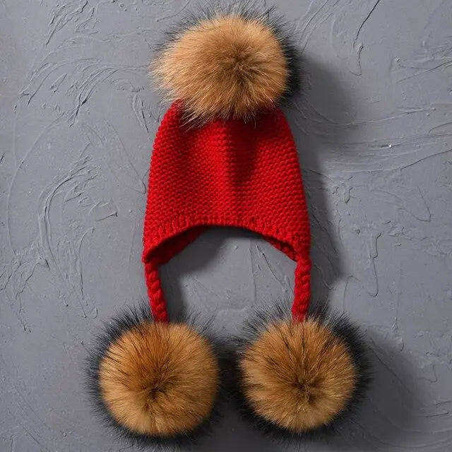 Children's Knitted Hat with Three Raccoon Fur Pompoms | Cozy Winter Style