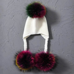 Children's Knitted Hat with Three Raccoon Fur Pompoms | Cozy Winter Style