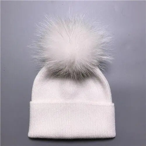 Women's wool hat with a pom-pom made of natural angora rabbit fur - Family Shopolf