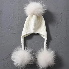Children's Knitted Hat with Three Raccoon Fur Pompoms | Cozy Winter Style