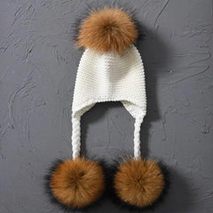 Children's Knitted Hat with Three Raccoon Fur Pompoms | Cozy Winter Style