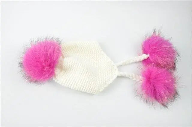 Children's Knitted Hat with Three Raccoon Fur Pompoms | Cozy Winter Style