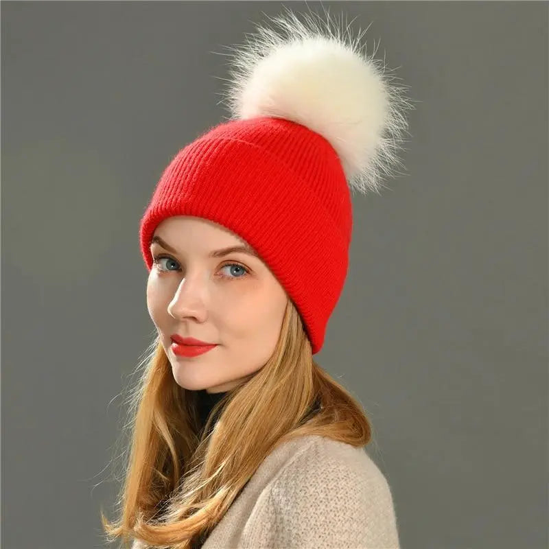 Women's wool hat with a pom-pom made of natural angora rabbit fur - Family Shopolf