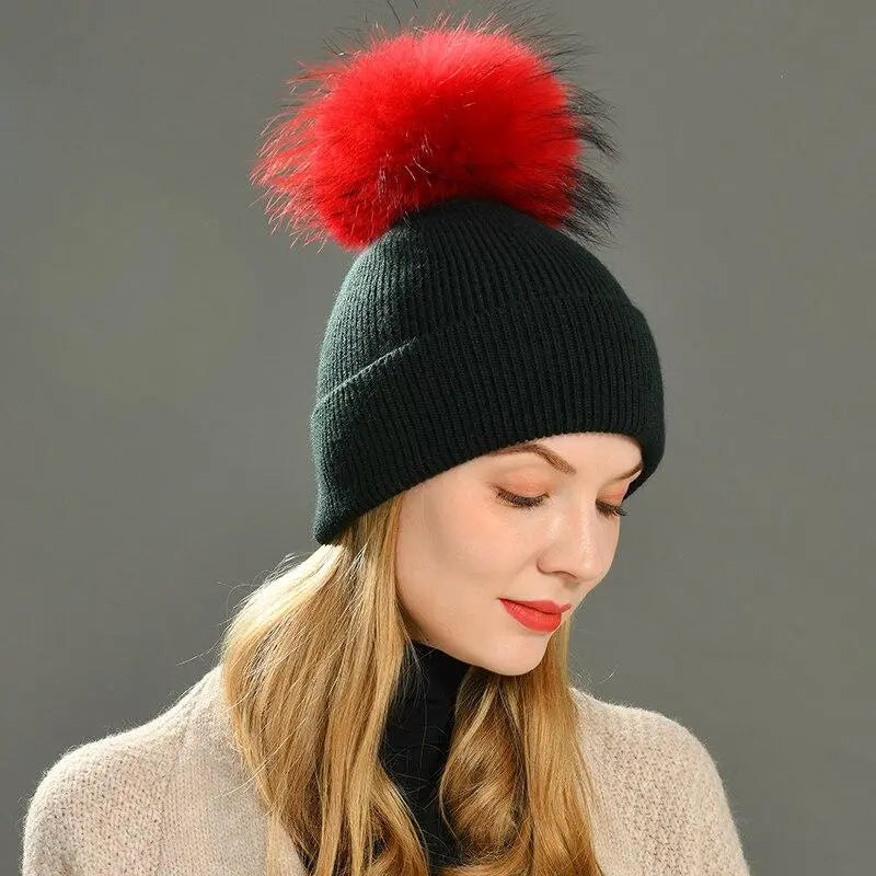 Women's wool hat with a pom-pom made of natural angora rabbit fur - Family Shopolf