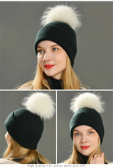 Women's wool hat with a pom-pom made of natural angora rabbit fur - Family Shopolf