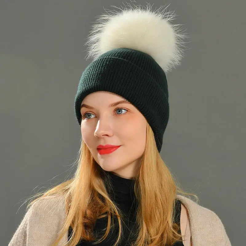 Women's wool hat with a pom-pom made of natural angora rabbit fur - Family Shopolf