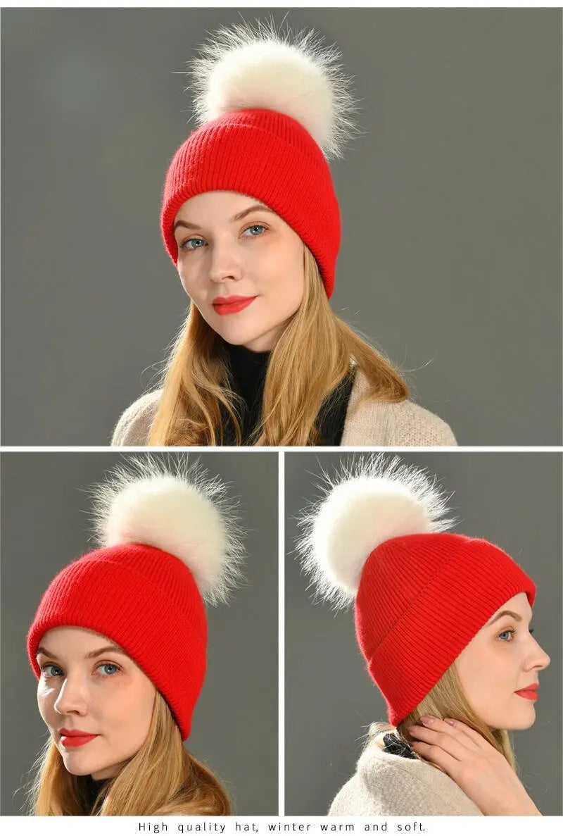 Women's wool hat with a pom-pom made of natural angora rabbit fur - Family Shopolf
