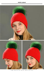 Women's wool hat with a pom-pom made of natural angora rabbit fur - Family Shopolf