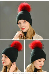 Women's wool hat with a pom-pom made of natural angora rabbit fur - Family Shopolf