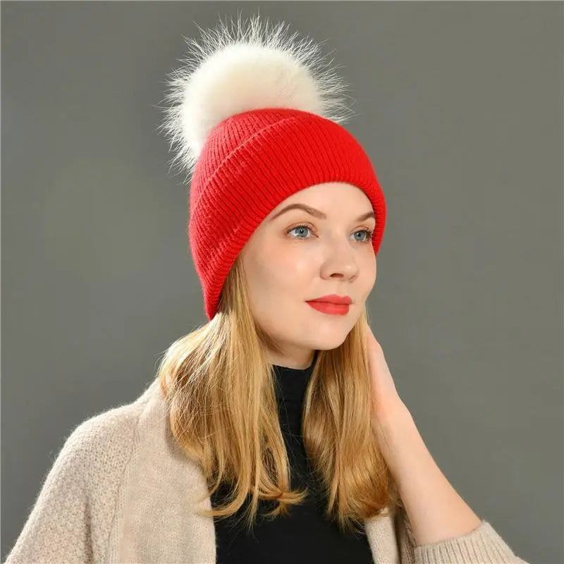 Women's wool hat with a pom-pom made of natural angora rabbit fur - Family Shopolf