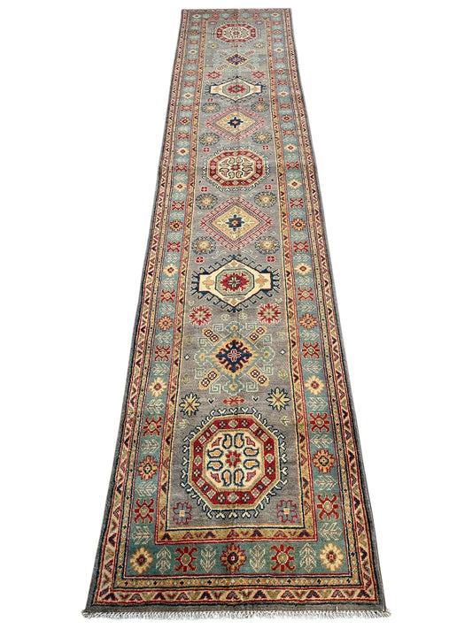 Hand-Knotted Afghan Kazak Wool Runner Rug – 2'7" x 12'3" – Traditional Geometric Design Rugistan