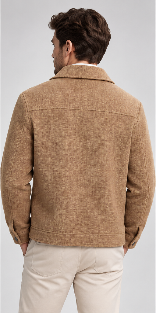 A man shown from the back wearing a tan textured jacket and light beige trousers against a light gray studio background.