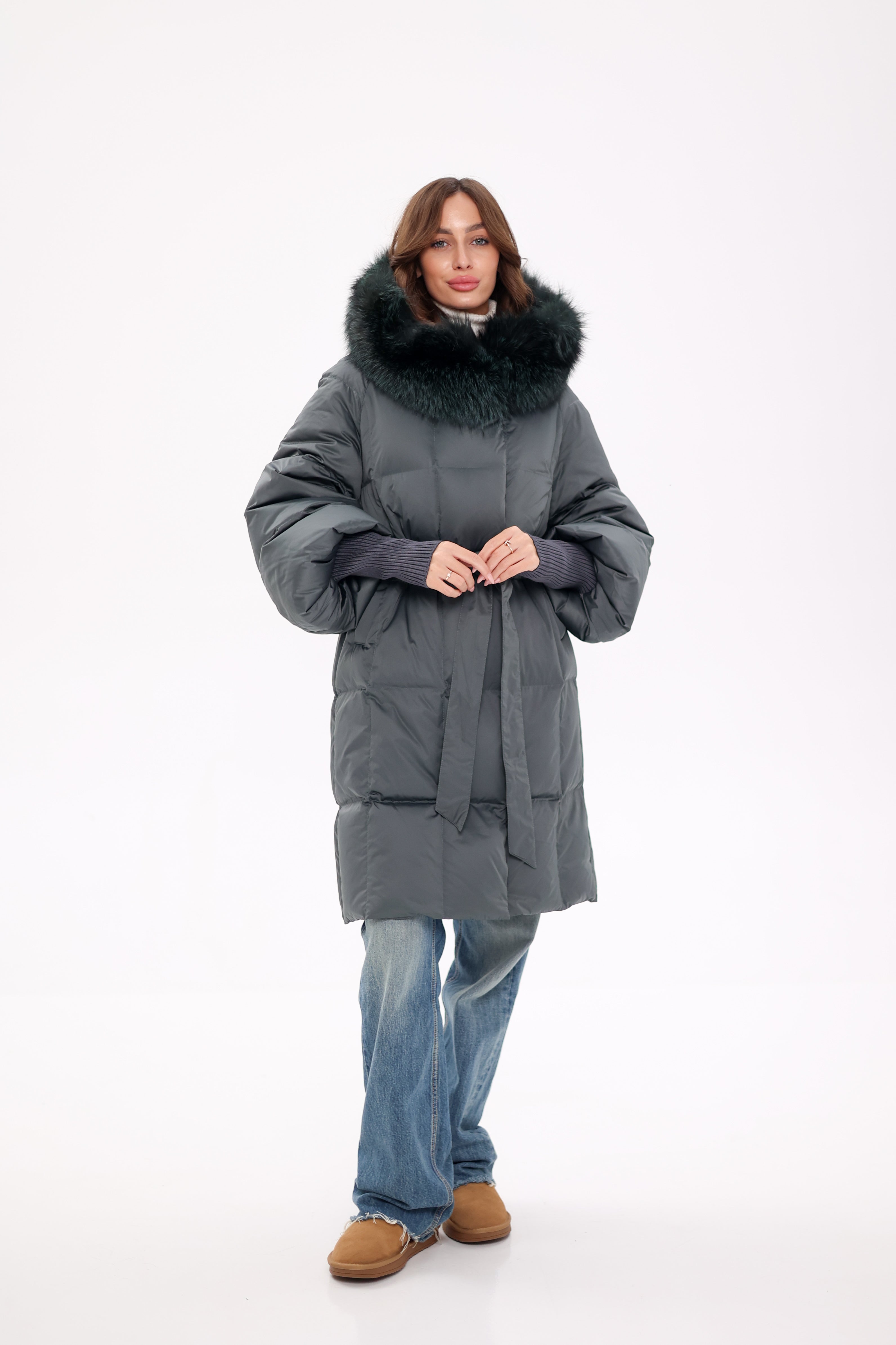 Genuine Silver Fox Fur Trim Down Coat in Forest Slate Alaska® Outerwear Company