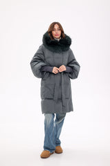 Genuine Silver Fox Fur Trim Down Coat in Forest Slate Alaska® Outerwear Company