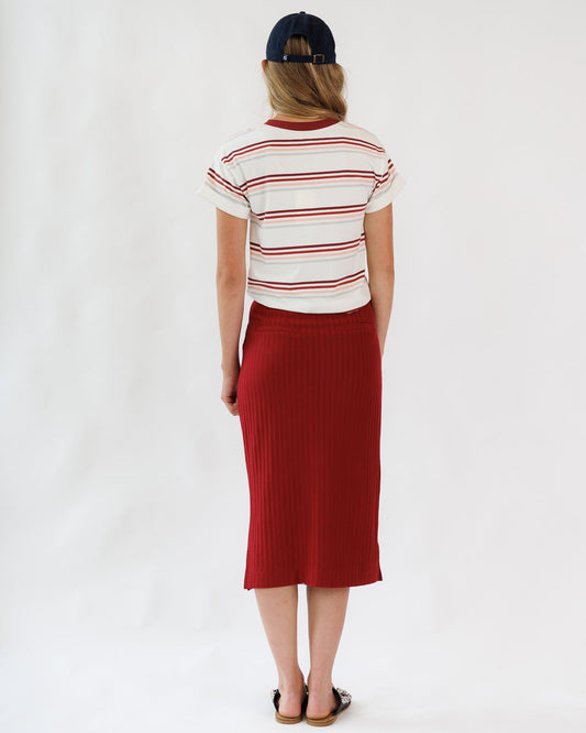 Person wearing a striped shirt and red skirt on a white background